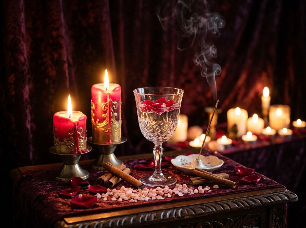 Altar de purificación con cáliz de agua y pétalos, velas carmesí y canela
