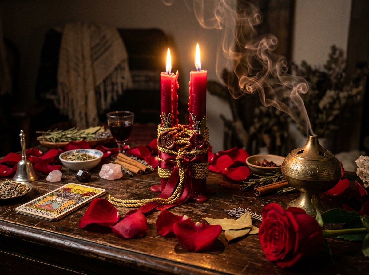 Altar sagrado de amarre de amor con dos velas rojas unidas por cordón dorado y rosas