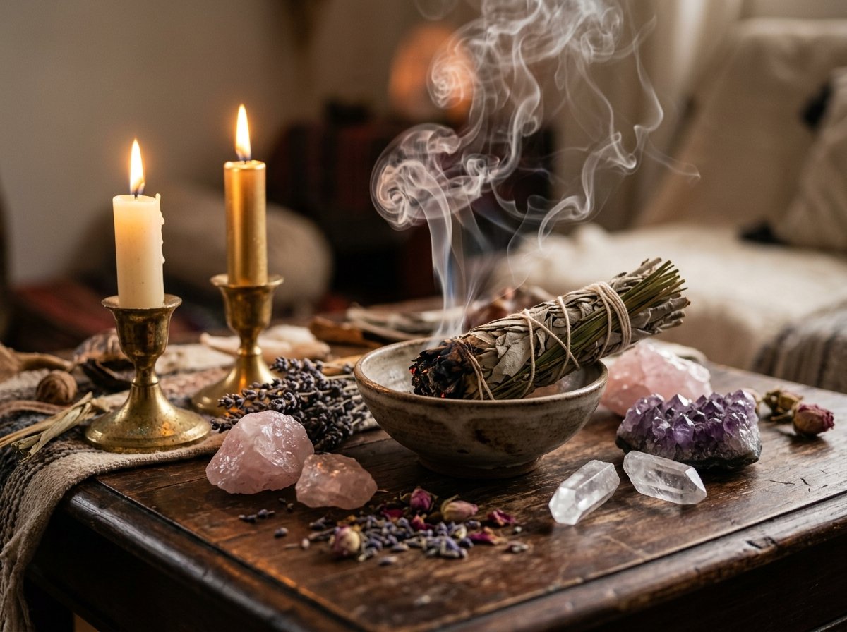 Ritual de limpieza de amor con sahumerio de salvia blanca, cuarzo rosa y amatista