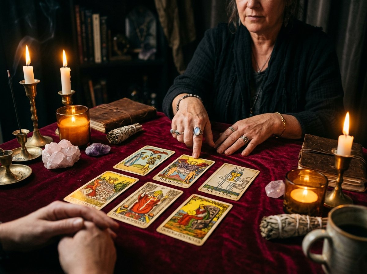 Lectura espiritual de cartas del tarot con velas y cristales sobre paño de terciopelo
